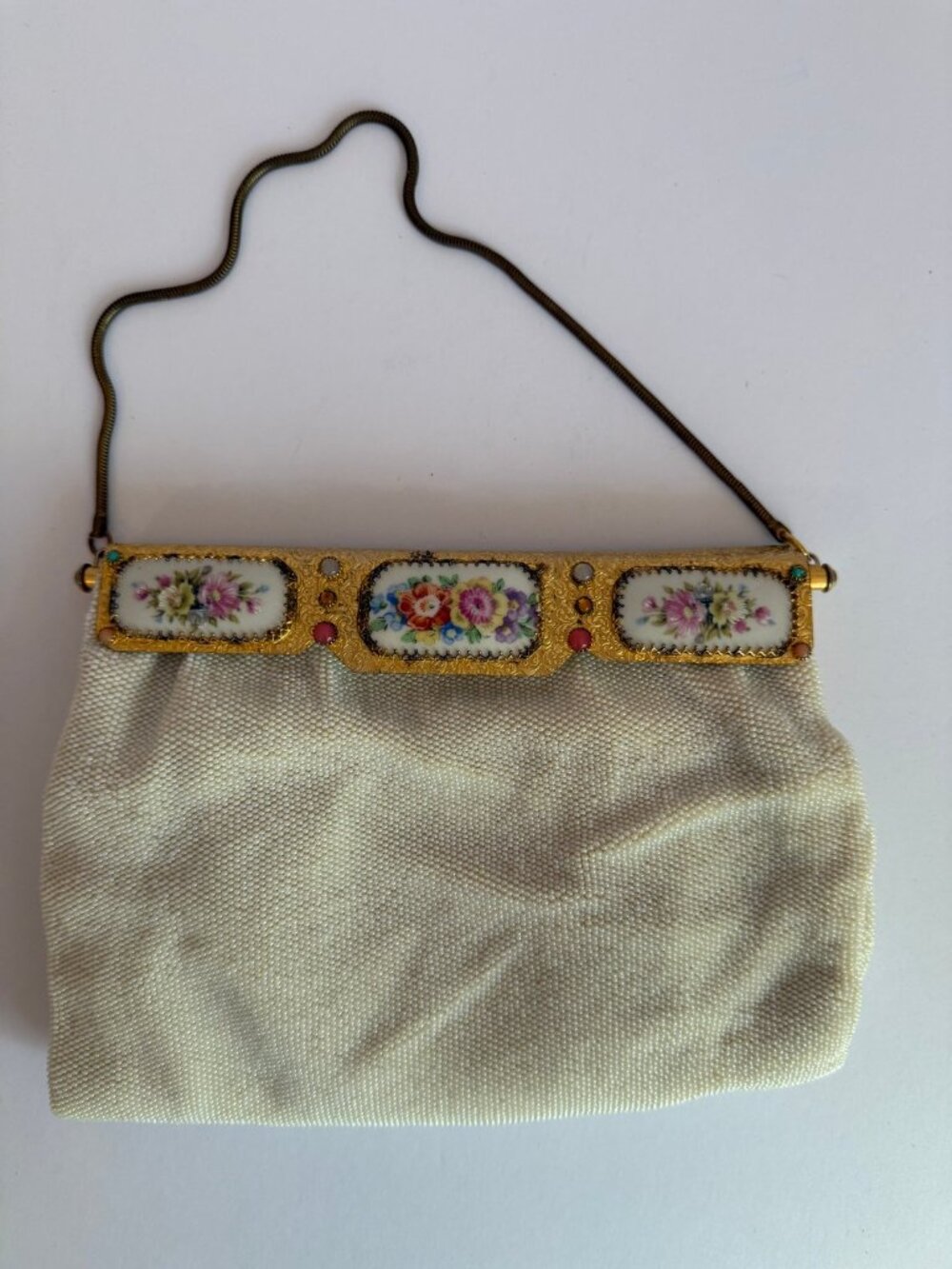 Vintage 1950s Micro Beaded Ivory Porcelain Floral Evening Bag Clutch (LWDSY)